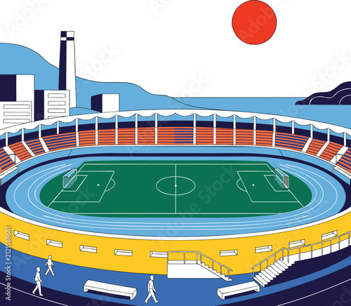 Modern flat vector soccer stadium illustration, professional football arena with running track, outdoor sports complex under red sun