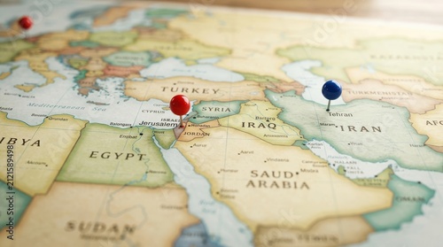 Political map of the Middle East with flag pins of USA, Israel, and Iran on key geographic locations, representing international relations and geopolitical alliance concept and war in middle east