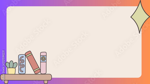 Obraz na płótnie Charming Bookshelf Frame Template with Potted Plant and Colorful Books on a Smooth Gradient Background