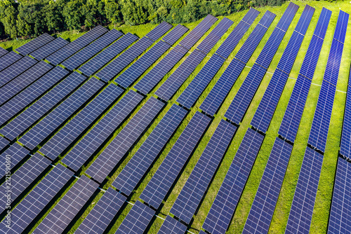 Abstract aerial view of solar panel rows