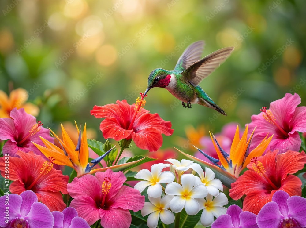 Naklejka premium Hyper-detailed macro photograph of a hummingbird hovering over red hibiscus and tropical blooms. Features iridescent feathers and a soft golden bokeh background with copy space. AI generated.