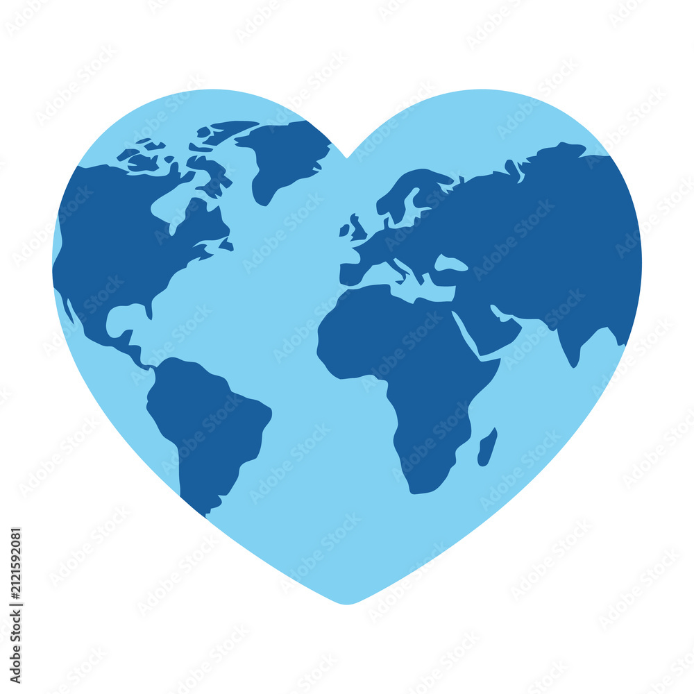 Obraz premium Heart shaped world map on blue background symbolizing global love