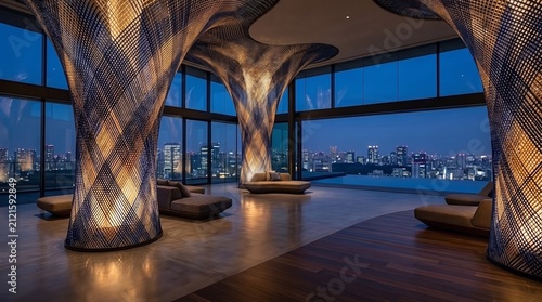 Futuristic luxury hotel lobby with illuminated woven textile fiber columns overlooking city skyline at night