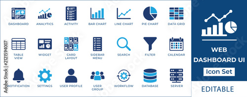 Web dashboard UI solid icon set. Featuring analytics chart, data table, filter control, and server management. Vector icons for tech presentation and web app interface.