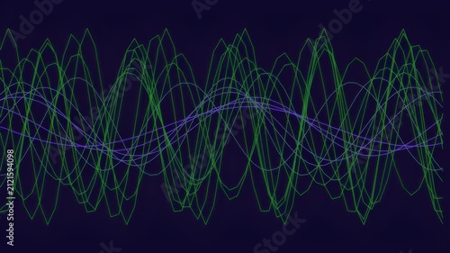 Abstract digital wave pattern with green and blue lines on dark background