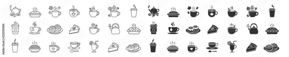 Obraz premium set of hot beverage and dessert icons including teapot, pie, coffee cup, tea cup, cinnamon rolls, and juice glass vector illustration on transparent background