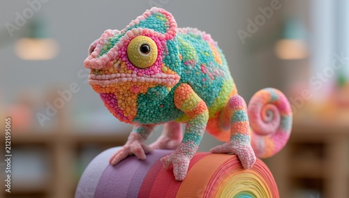 Chameleon color roll craft shop printing press. Vibrant multi-colored chameleon perched on top of a bright ribbon or paper roll, illustrating concepts of color matching