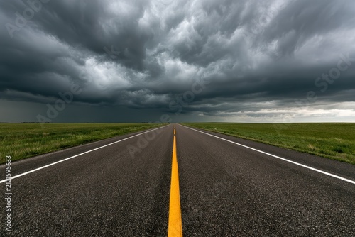 Expansive highway stretches towards dramatic, stormy skies over flat plains