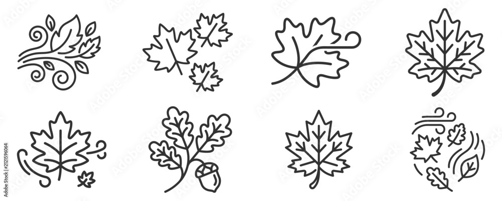 Fototapeta premium black line art autumn leaves and acorn icons set on transparent background