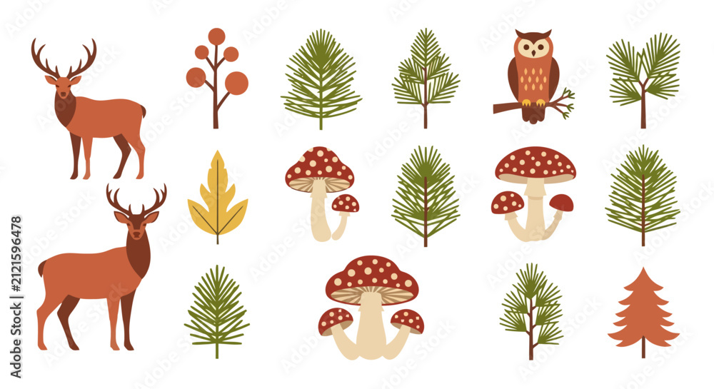 Obraz premium A collection of stylized forest elements including deer, mushrooms, pine trees, an owl, and autumn leaves.