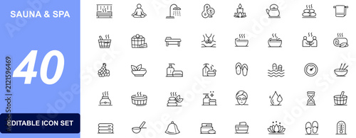 Фотография Sauna and spa icon set with steam room, massage therapy, relaxation, wellness retreat, aromatherapy, bath essentials, hygiene care and body treatment