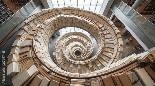 Stunning spiral architecture composed of thousands of stacked vintage books creating an infinite swirling tunnel effect in a modern library interior with overhead natural light and geometric design