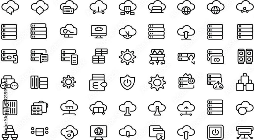 Fototapeta premium Minimalist continuous line art vector icon set of cloud computing and server data infrastructure symbols on a solid white background