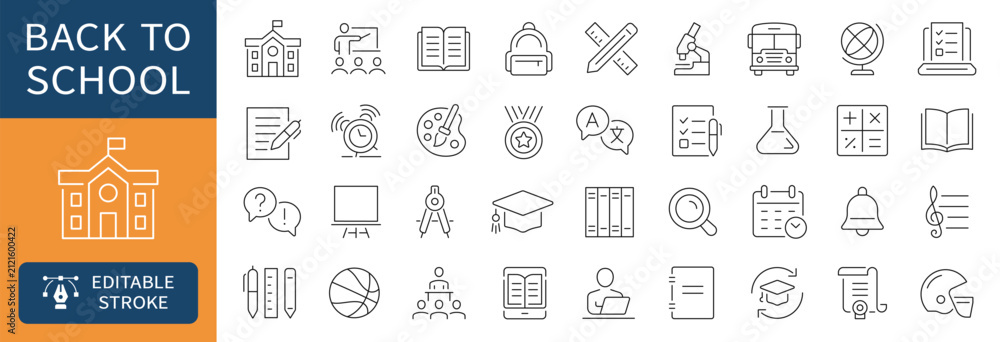 Obraz premium Back to school thin line icons set. Study, lesson, book, teacher editable stroke icon. Vector