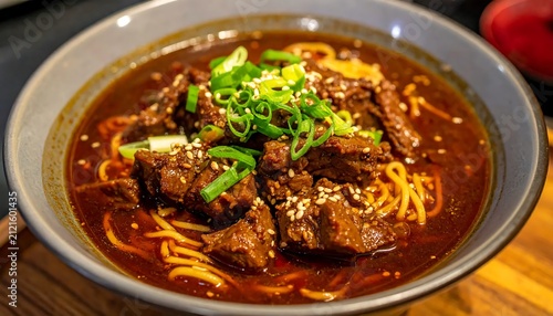 Delicious Korean style spicy beef noodles.