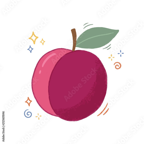Cute hand drawn plum fruit vector illustration with sparkles and leaves on white background