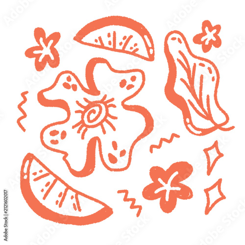 Hand drawn coral colored abstract floral and citrus fruit doodle elements isolated on white background
