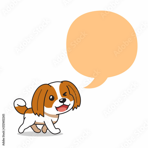 Cute Cavalier King Charles Spaniel dog walking with blank speech bubble cartoon vector illustration
