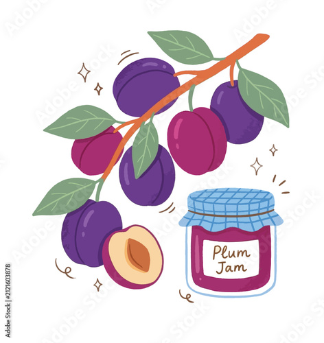 Hand drawn vector illustration of a plum branch with ripe purple plums and a jar of sweet homemade plum jam isolated on a white background