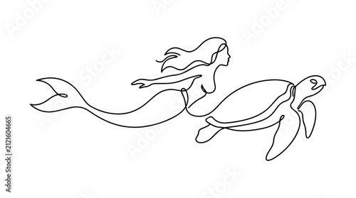 Mermaid and Sea Turtle One Line Drawing Vector Illustration