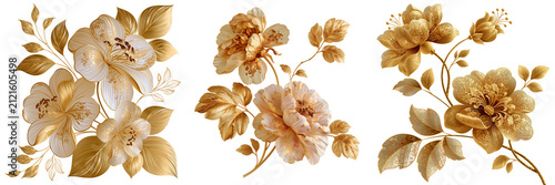 Set of Collection of luxurious 3D gold flowers arranged in an elegant botanical composition, shimmering metallic surfaces, realistic depth, flawless on transparent png background. Ai generated