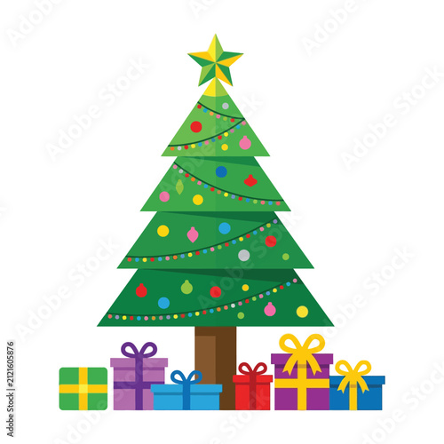 Christmas tree with colorful presents on white background holiday decor