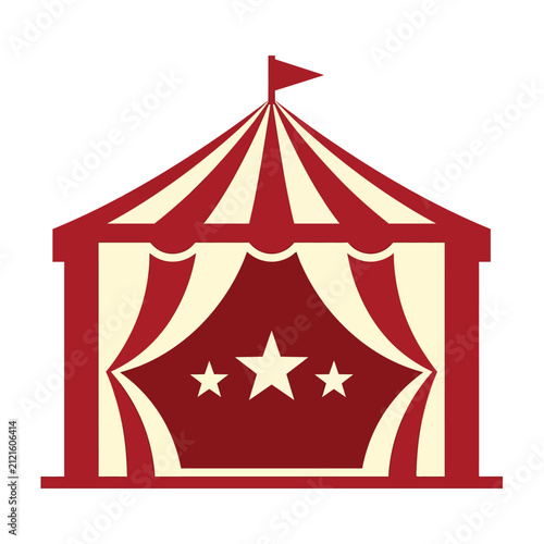 Circus Tent Icon with Red and White Striped Pattern and Decorative Star Symbols