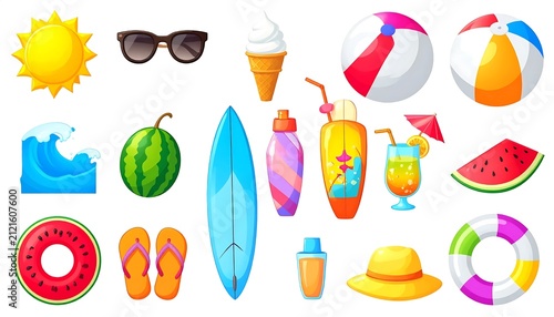 Colorful summer accessories and beach items collection.