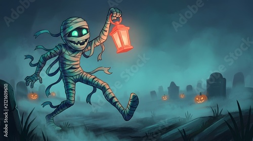 Skeleton playing a guitar in a spooky graveyard at night