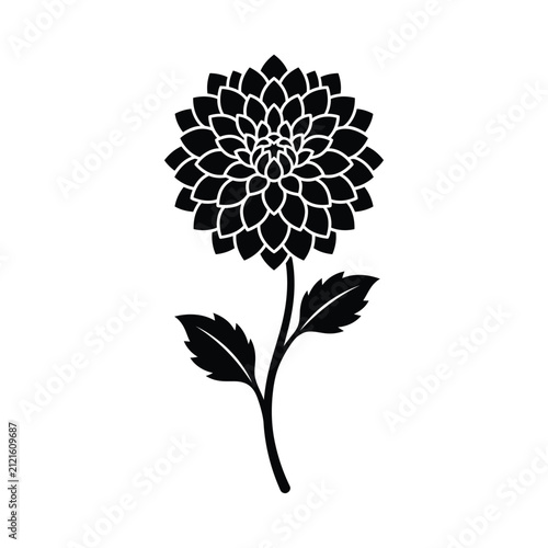 Black outline of a dahlia flower with leaves on white