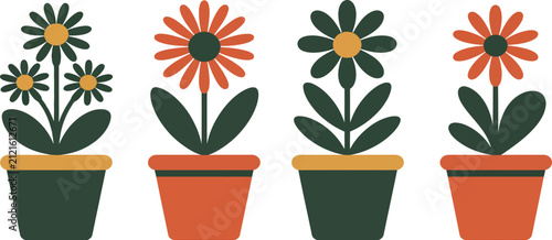 Four potted flowers in a row illustration, featuring colorful blooming plants with decorative pots, perfect for home décor, indoor gardening, botanical themes, floral arrangements, and modern vector.