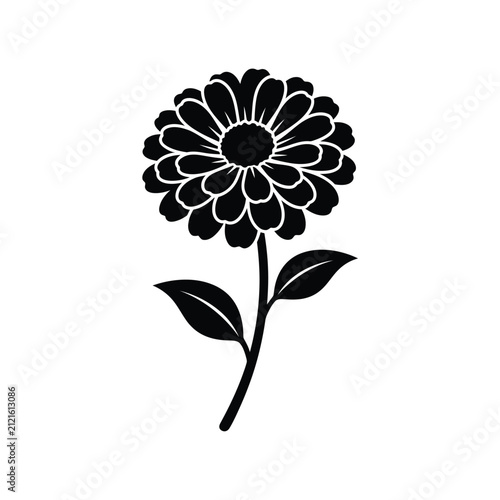 Black silhouette of a daisy-like flower with leaves