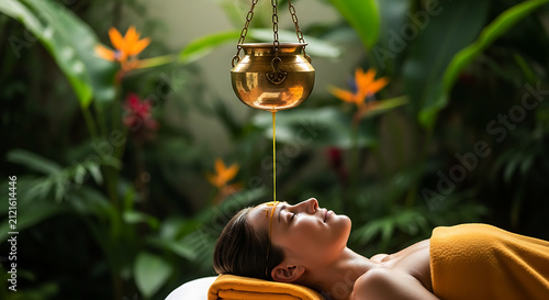 Woman receiving shirodhara oil treatment from hanging brass pot in lush green setting ayurveda