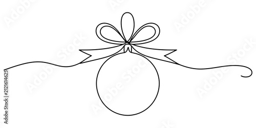 Continuous single line drawing of a christmas ornament bauble with a festive ribbon bow for holiday season design