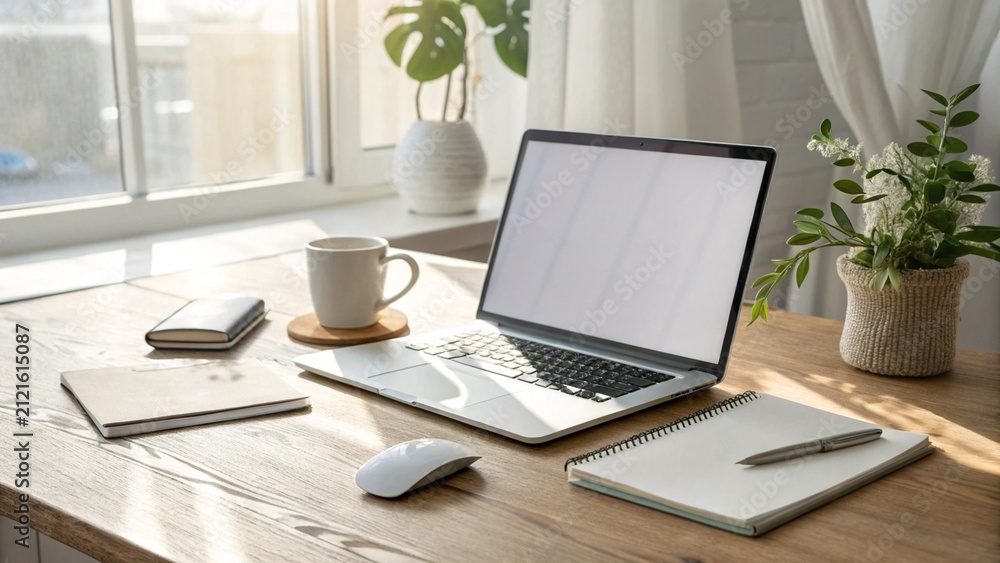 Fototapeta premium Modern Minimalist Home Office Workspace with Blank Laptop Screen