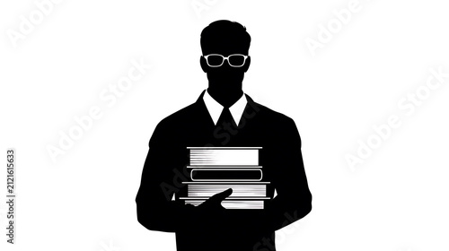 Silhouette of a man wearing glasses and holding a stack of books, representing knowledge and education