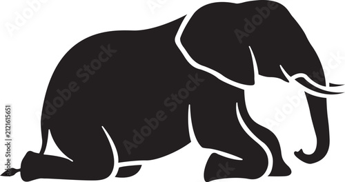 Obraz na plátne Stylized black silhouette of a kneeling gajah elephant animal figure sitting dow