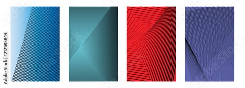 Abstract geometric cover set with 4 vector backgrounds, modern line art patterns in blue red and teal, minimalist corporate brochure template designs