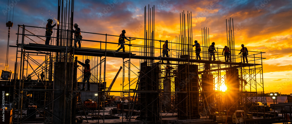 Fototapeta premium Silhouettes of construction workers on scaffolding building a structure during golden sunset