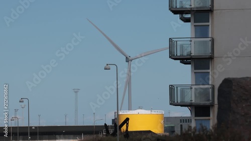 Hirtshals, Denmark A large land-based spinning wind turbine.