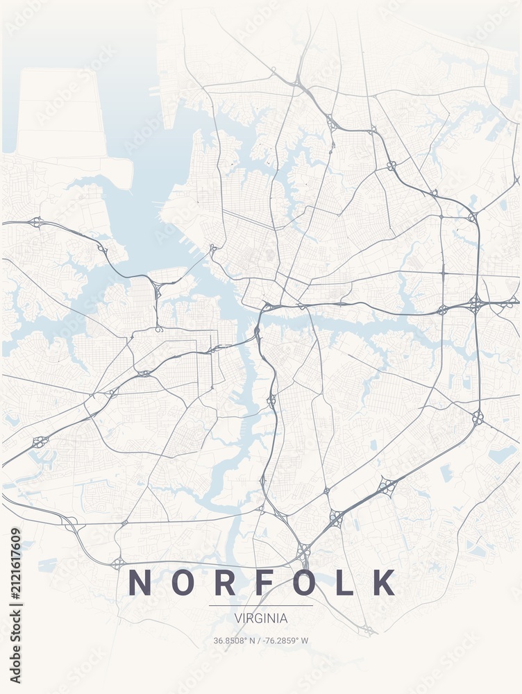 Fototapeta premium Modern Norfolk City Map Poster Design, Pastel Dream Style Urban Street Grid Cartography