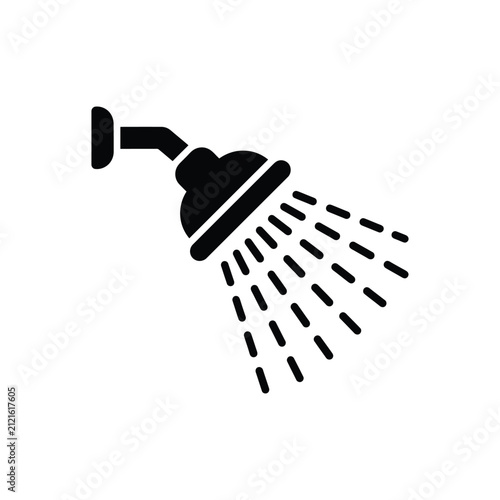 A simple black silhouette icon of a bathroom shower head spraying water isolated on a clean transparent background design element