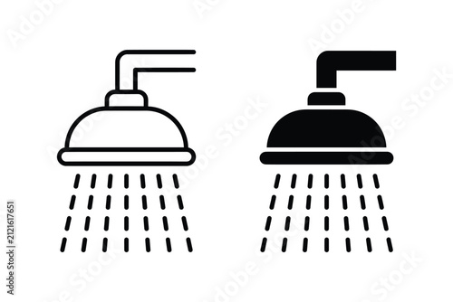 Set of two shower head icons with water spray effect in both outline and solid black style for bathroom design