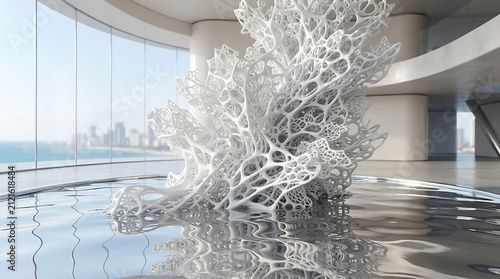Futuristic white sculpture in modern interior. Abstract organic art piece with fluid design.