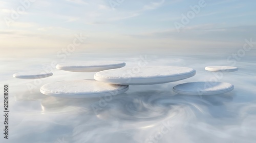 Floating white oval platforms in misty fog. Abstract 3D podiums for product display.