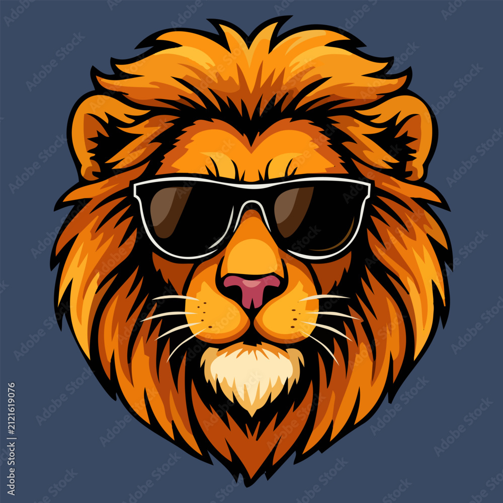 Obraz premium Stylish lion wearing sunglasses with a confident attitude in a bold cartoon style. Perfect for t-shirts, stickers, mascots, branding, posters, children's designs, and fun graphic projects