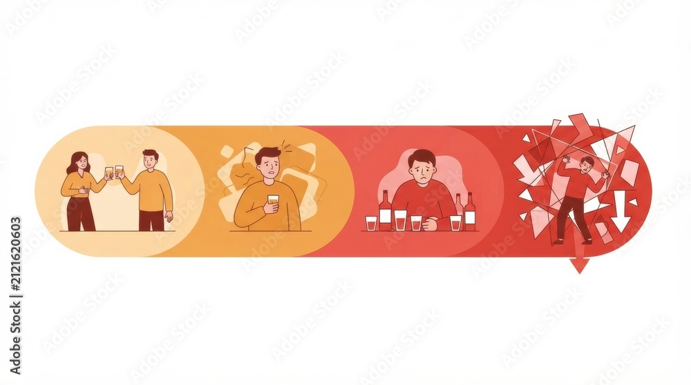 Fototapeta premium Two people raise drinks, a person sits alone with a drink, and another struggles with empty bottles.