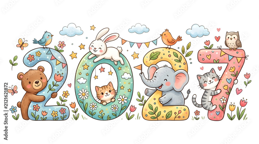 Fototapeta premium Cute 2027 New Year Numbers with Cute Cartoon Animals Bear Bunny Elephant and Cat Isolated on Transparent Background
