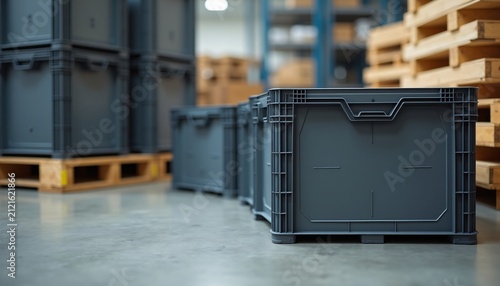 Reusable warehouse logistics equipment with copy space for supply chain LinkedIn marketing campaigns