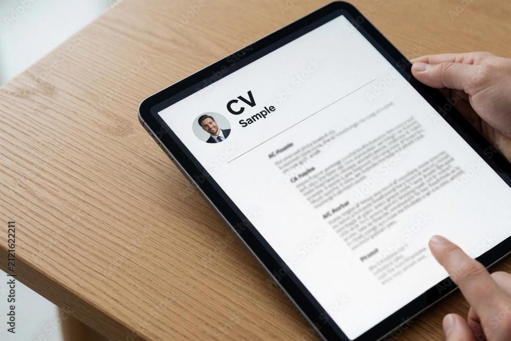 Obraz premium Person holds digital tablet with job resume document on screen. Man reviews electronic curriculum vitae application template for career search. Employee checks pro biography form on device at desk.